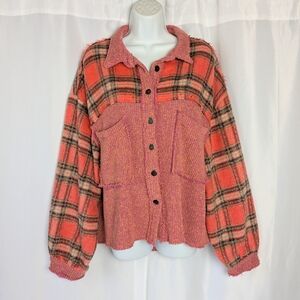 POL Oversized Pink Soft Button Up Waffle Knit Shacket Women's Size Large